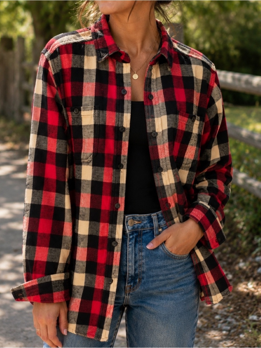 Woolrich Womens Red & Black Plaid‎ Flannel Shirt Jacket Shacket Size Large